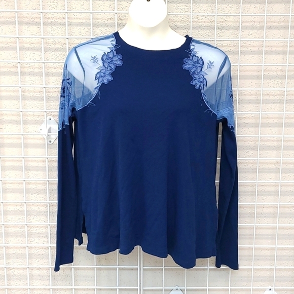 Free People Lace Shoulder Ribbed Long Sleeve Shirt Size L - Picture 1 of 8